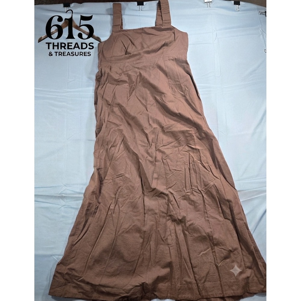 Pact Organic Cotton Linen Maxi Dress Brown Smocked Back Wide Strap Large